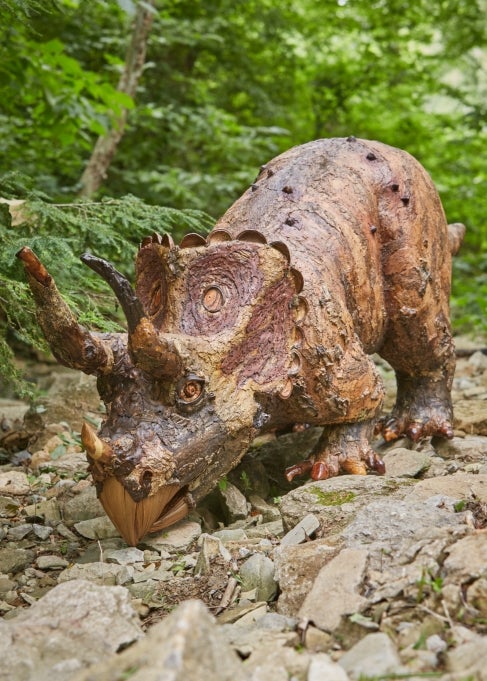 A fabricated triceratops dinosaur made of natural materials, standing in a green landscape. 