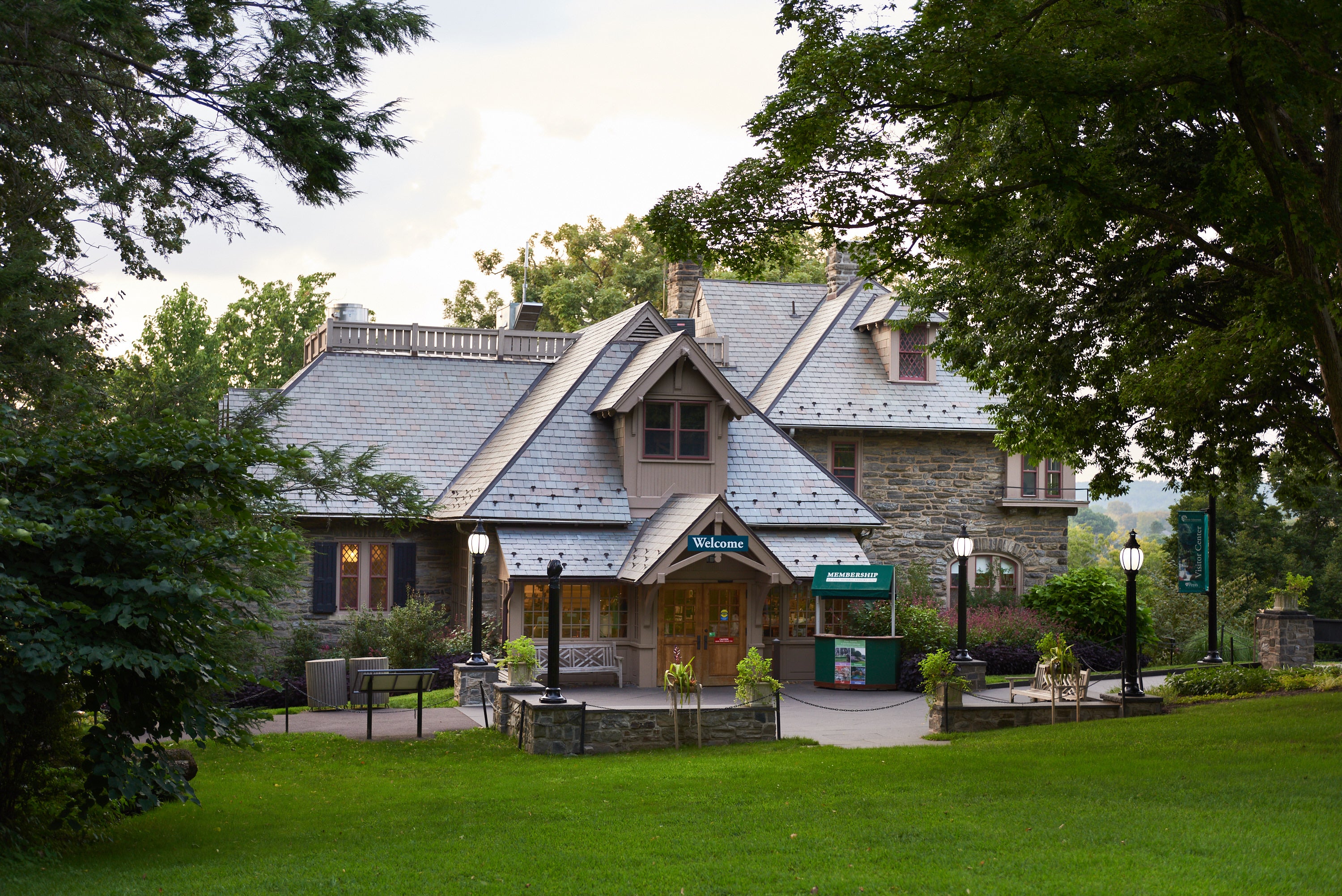 the exterior of the visitor center at Morris Arboretum