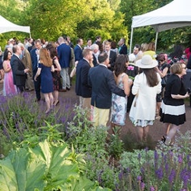 A party of formally dressed people holding drinks gather outdoors under white tents.