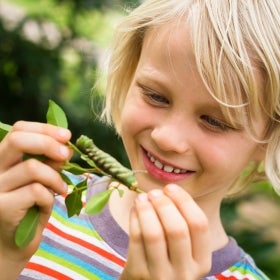 A child smiles while looking at a caterpillar on a leaf.