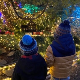 The back of two young children in winter outwear who are watching a miniature train surrounded by lights.