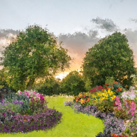 A rendering of a garden in bloom at dusk.