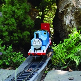 A miniature model train of Thomas the Tank Engine riding on an outdoor track. 
