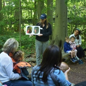 A young women in a hat reads from a picture book to a group of caregivers and young children in the woods.