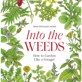 A cover of a book titled, "Into the Weeds: How to Garden Like a Forager by Tama Matsuoka Wong" with a border of botanical illustration. 