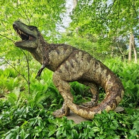A large fabricated Tyrannosaurus rex made of natural materials stands outdoors surrounded by green foliage.