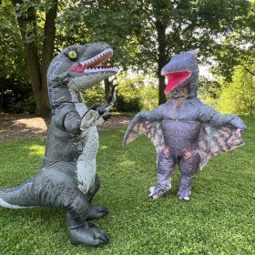 Two people in inflatable dinosaur costumes stand outside in a green field. 
