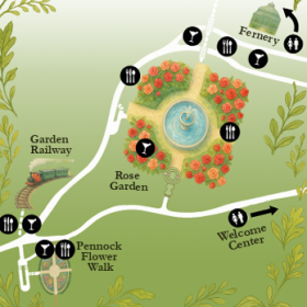 An image from a map that shows directions to food and drinks at an event hosted at a public garden. 