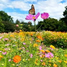 A orange, black, and white monarch butterfly is perched on a pink cosmos flower in a field of wildflowers on a sunny day. 