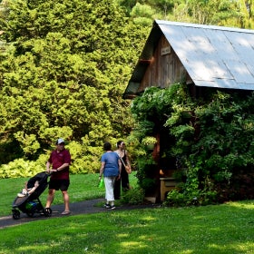 A family exits a small cottage covered in plants in an outdoor green space. 