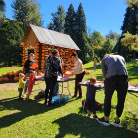 A group of people stand outside at two tables making Halloween crafts on a sunny day. In the background is a small cottage covered with pumpkins. 