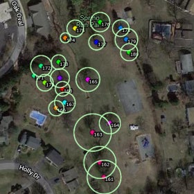 A tree inventory map featuring different sizes green circles representing trees in that areas. 
