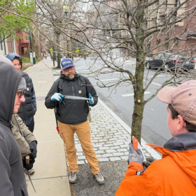 A group of people wearing winter coats stand on the sidewalk in front of a street tree. 