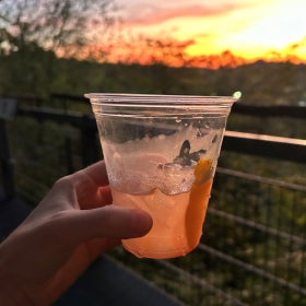 A close up of a hand holding a clear plastic cup filled with a pink drink and garnish as the sun sets behind the trees.  