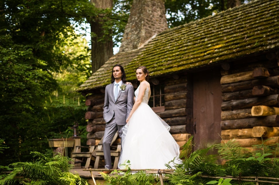 Bride and Groom at Log Cabin