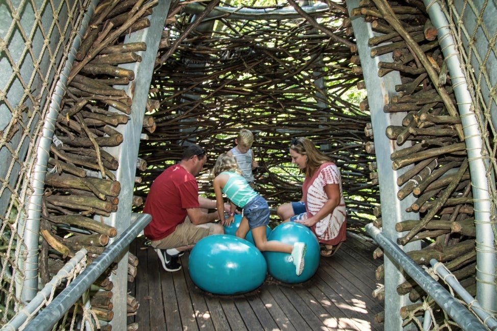 A family sitting on oversized blue eggs on an oversized nest. 