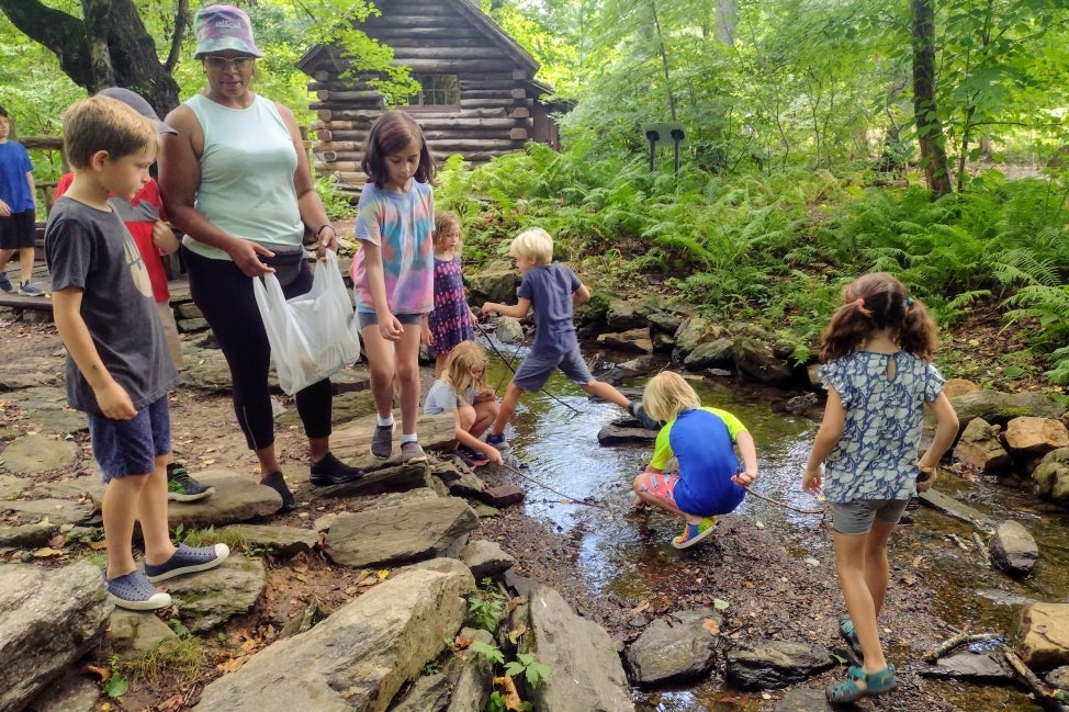 A group of young campers explore a creek. 