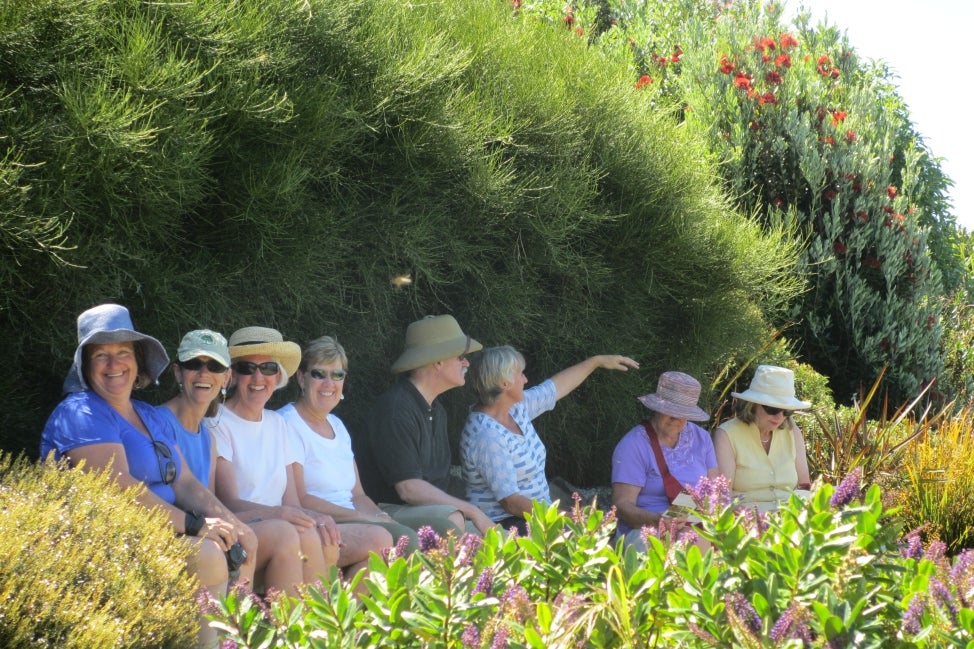 A group of people sit on a long bench surrounded by greenery and flowers.