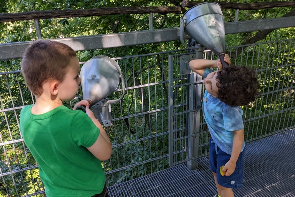 Two young boys hold up large metal cones to their ears to listen for birds. 