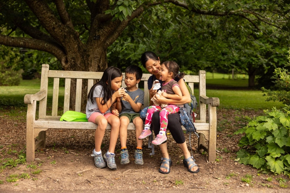 A family of four sits on a wooden bench outdoors enjoying ice cream.