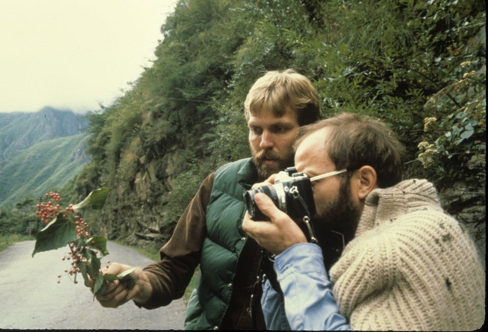 Two men taking a photo of a plant. 