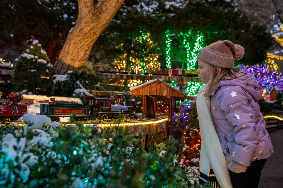A young girl in a winter coat, scarf, and hat marvels at an outdoor holiday miniature train display