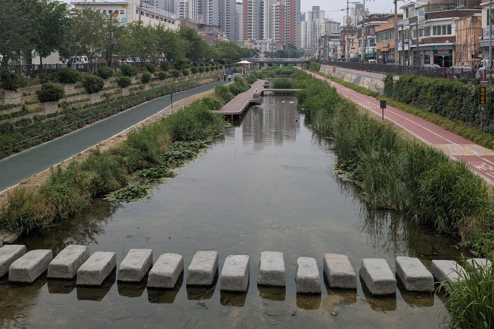 A riverwalk in Seoul, South Korea, with stepping stones to cross the waterway.