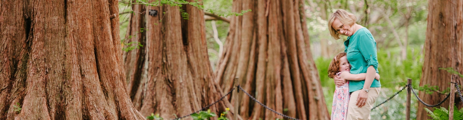 A woman and young girl smile and hug among large dawn-redwood trees.