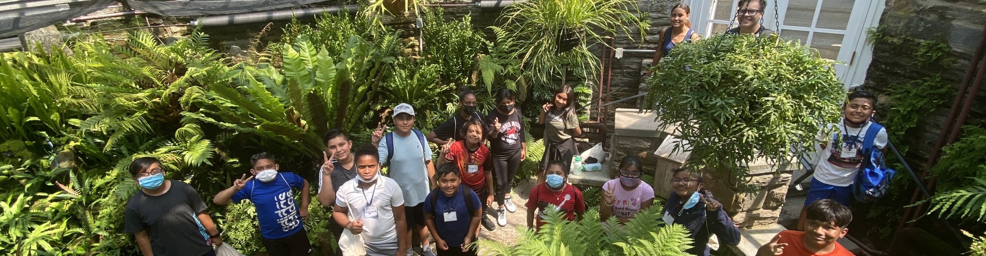 overhead view of a group of adults and children in a greenhouse