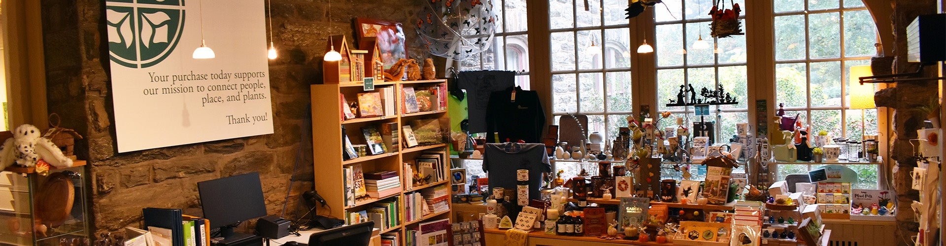 The Morris Arboretum gift shop with shelves filled with merchandise.