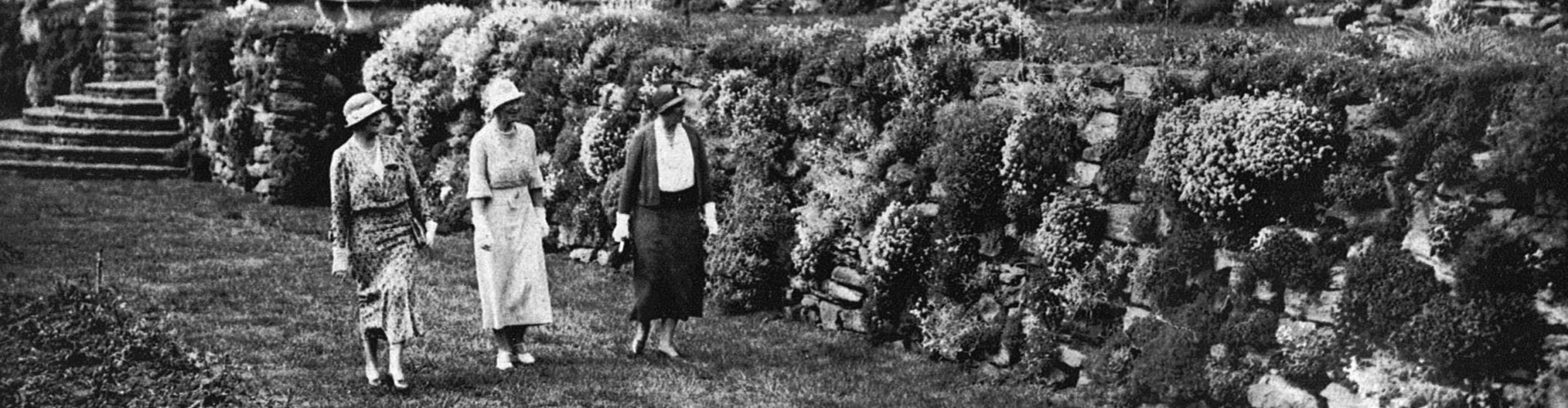 a black-and-white photo of woman from the early 20th century walking along a rock wall in bloom with flowers.