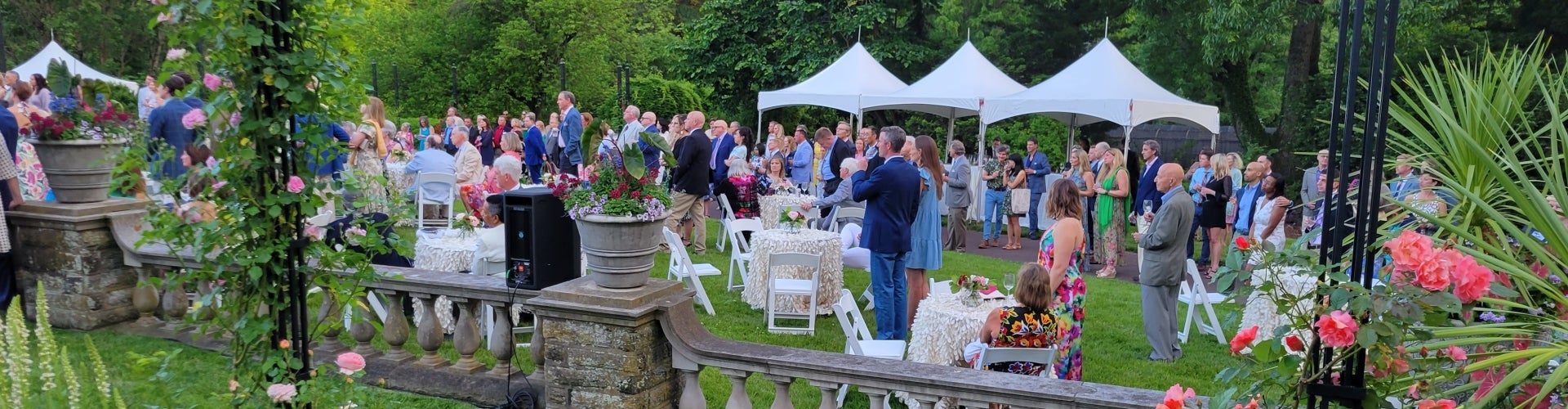 A large group of people in semi-formal attire mingle in a rose garden.