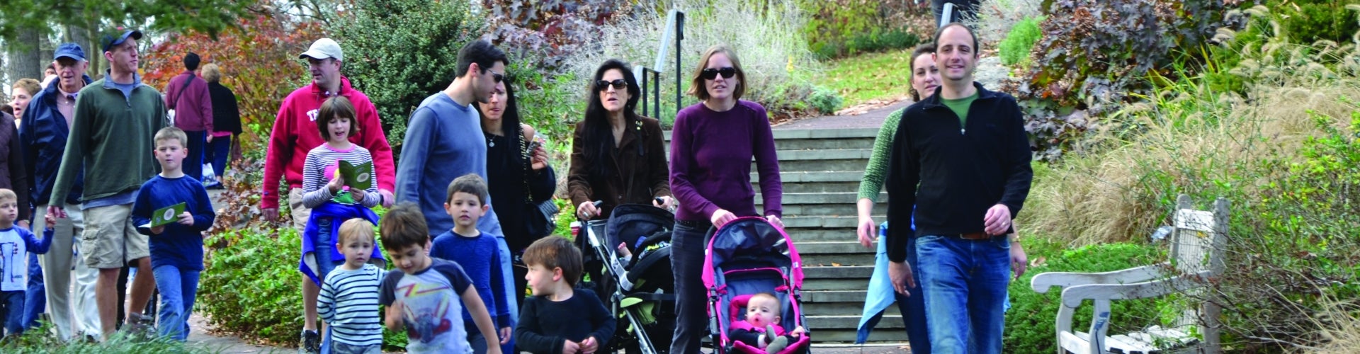 A large group of multiple families walk through a public garden.