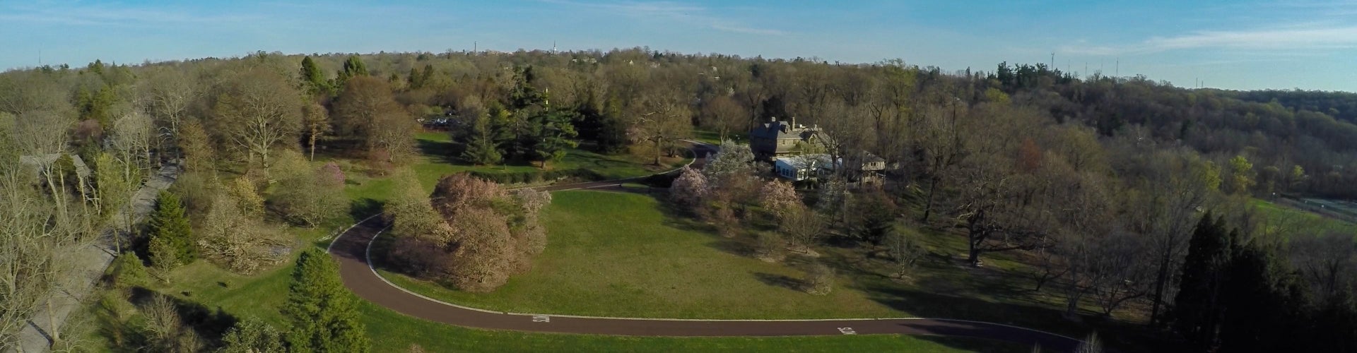 An aerial view on the Morris Arboretum from the entrance drive. 