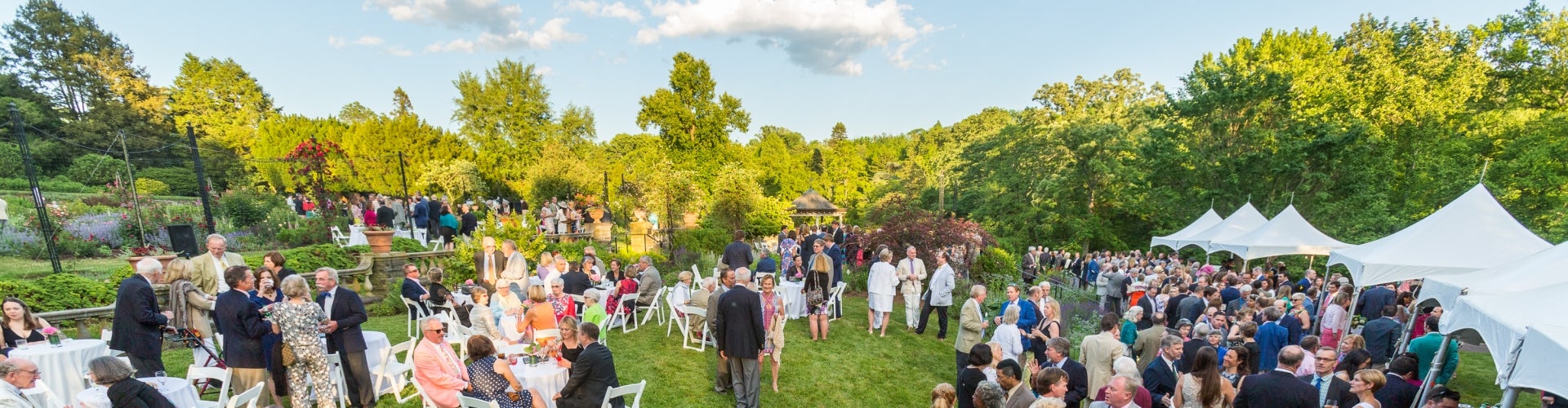 A large group of people mingle outdoors in a rose garden with tables, chairs, and tents. 