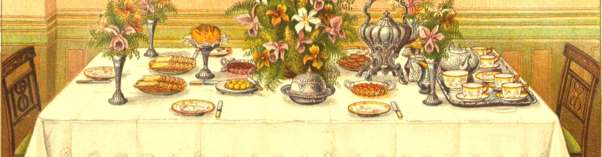 An illustration of a dinner setting in the 1800s.