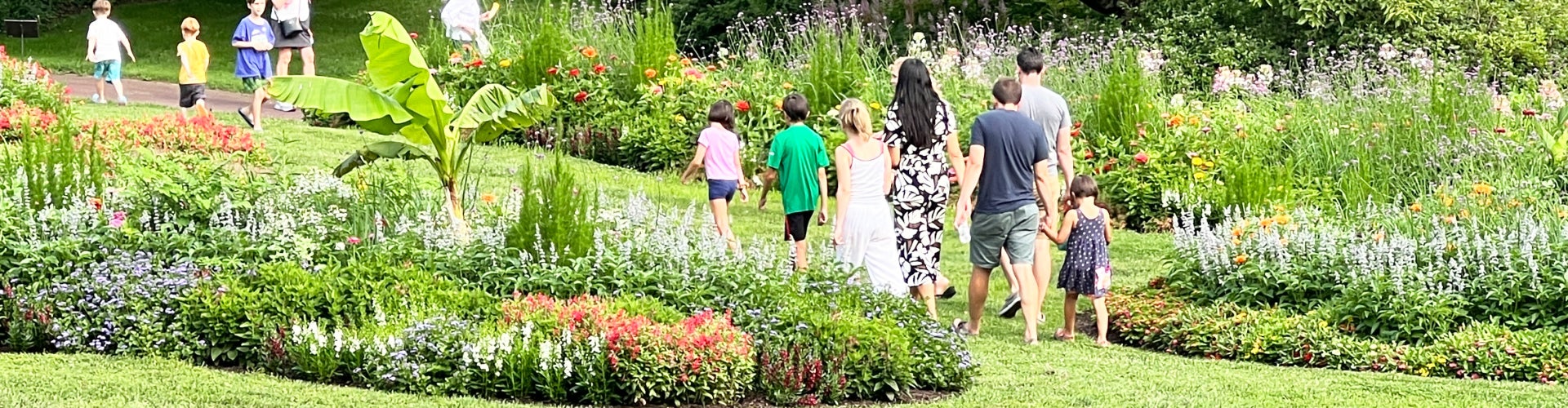 A family walking between paisley-shaped garden beds in bloom with vibrant flowers. 