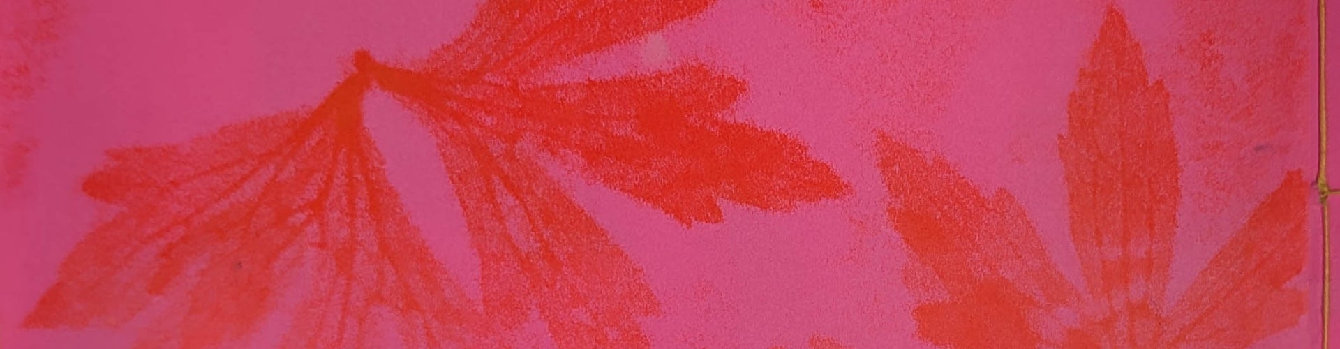 Bright pink paper with a red botanical pressure print of leaves. 