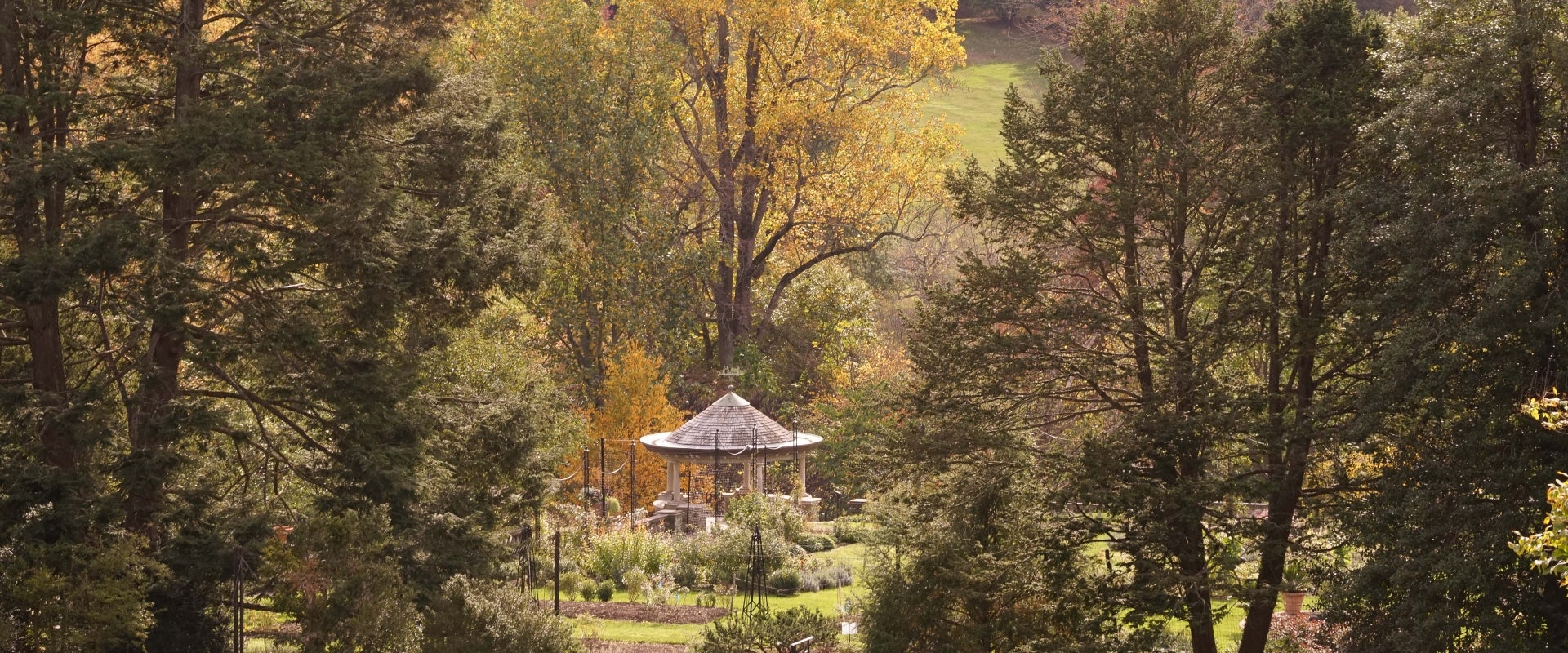 A pillared summer house in the middle of a garden.