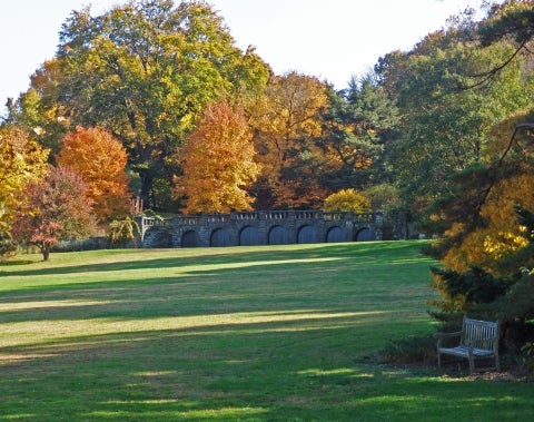 An expansive lawn with fall foliage trees and a long stone bridge. 