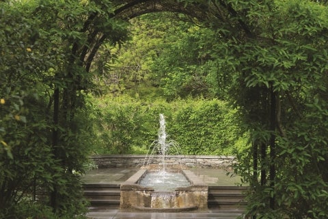 A long fountain surrounded by greenery with a black metal arch at the entrance. 