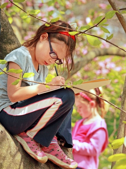 A young wearing glasses sits in a blossoming tree with pink flowers and writes in a journal. 