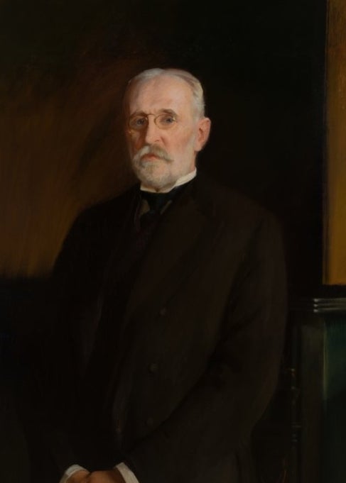 A painting of a man dressed in black with glasses and white hair from the 1880s.