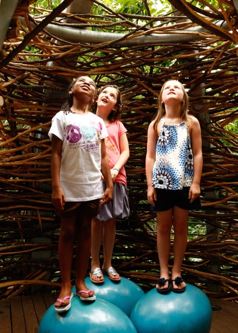 Three children stand in an oversized bird's next on top of bright blue fabricated eggs. 