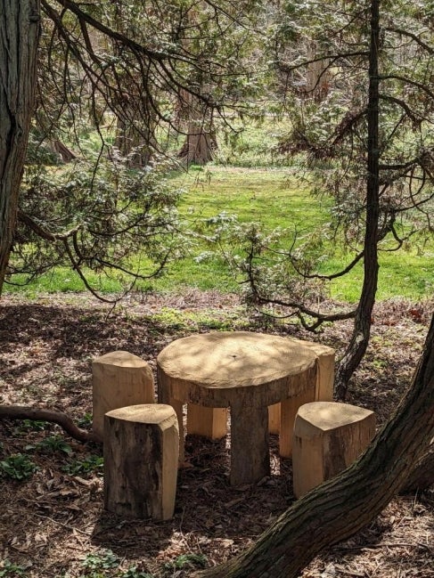 A small wooden tables and stools made from raw wood sits in a wooded area.