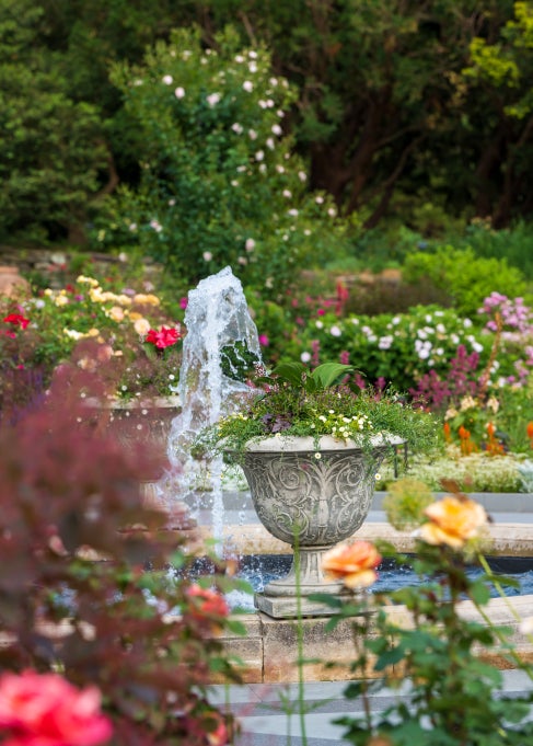 A garden in bloom with a fountain and decorative planters. 