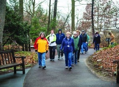 A group of people wearing winter jackets walk through a paved wooded setting