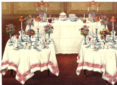 An illustration of a dinner setting in the 1800s. 