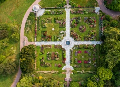 An aerial view of a rose garden divided into four quadrants by bluestone paths.