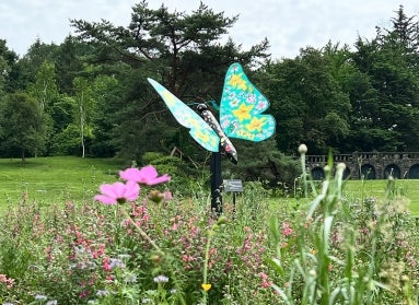 A large, colorful butterfly sculpture in the middle of a wildflower meadow. 
